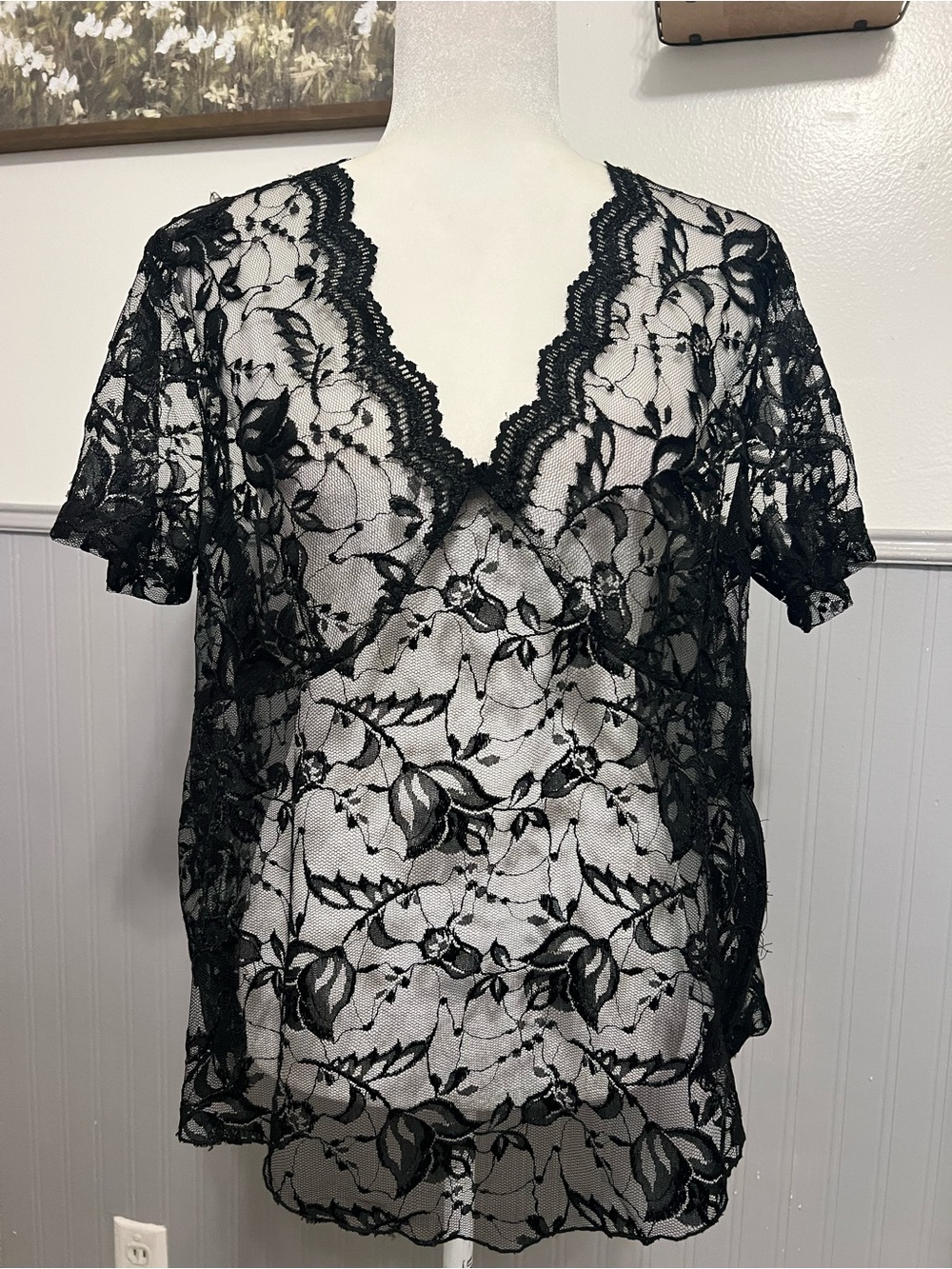Vintage 1980’s Sheer Black Lace Top Blouse / Size: XL / Coquette / Romantic